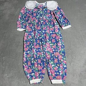 Girls Floral Puff-Sleeve Romper with Peter Pan Collar - Purple & Pink